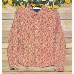Tommy Hilfiger Ladies L Red Gold Paisley Pearl Snap Shirt Size L Holiday Western